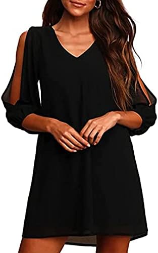 Jusfitsu Women Summer Dresses Chiffon Shift Cold Shoulder Dress Loose Fitting V Neck Short Cocktail Party Dress Black M