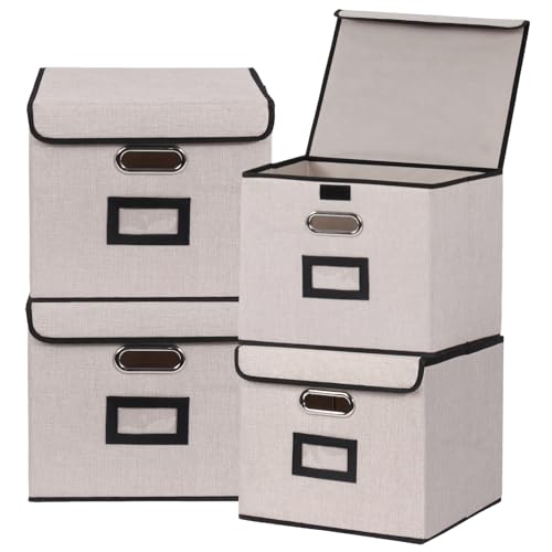 Tcbelosion Large Square Storage Bin with Lid, Foldable Organizer Box with Handles & Label Design, for Office, Closet, Home, Documents, Grey, 12.20 x 10.63 x 10.63 Inches, 4 Pack