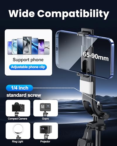 Image of 71 inch Selfie Stick Tripod with Reinforced 4-Leg Tripod Stand for Phone, 360 Rotatable Handle, Rechargeable Fill Light & BT Remote. Aluminum Alloy Ultimate Stabilitya for Smartphones, GoPro