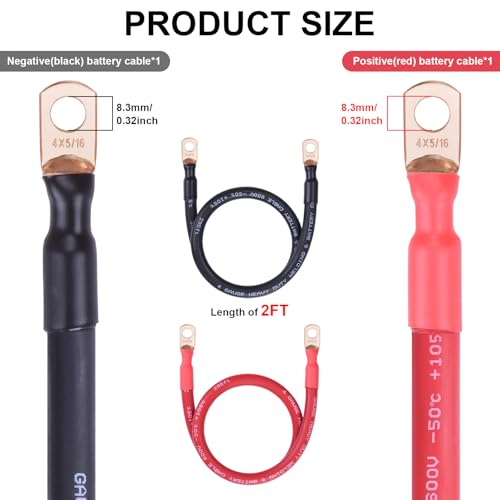 Image of iGreely 4 AWG Battery Cable, 4 Gauge Flexible Pure Copper Welding Battery Power Wire with 5 /16'' Lugs,Heavy Duty Cable for Automotive Solar RV Marine DIY for Replacement Parts & Accessories 2ft /60cm