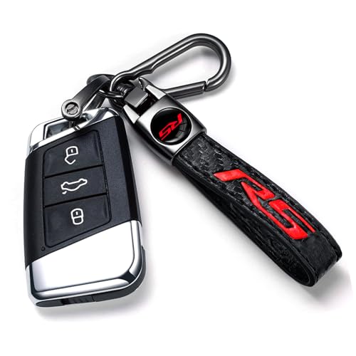 Image of Black RS Car Keychain, Premium Metal & Carbon Fiber Texture Leather, Anti-Scratch Anti-Drop, Compatible with Chevy Camaro Cruze Equinox Blazer Traverse Monza Trackerc Cars, Black with Red RS Emblem