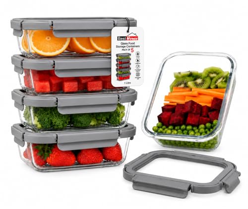 Image of BH | 5-Pack Glass Meal Prep Containers | 1000ml | Borosilicate Glass Food Storage Containers with Lids | Airtight Lunch Container Set, BPA-Free, Leak-Proof, Microwave, Dishwasher Safe - by Best House