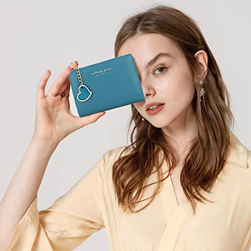 Image of Small Wallet with Heart Pendant Bifold Wallet Zipper Pocket Cash Card Holder Coin Purse for Women Girls (BLUE)