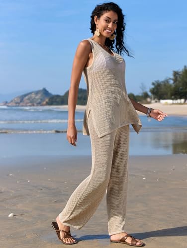Famulily Womens 2 Piece Crochet Knit Outfits Summer Hollow Out Cover Up Sets Sleeveless Deep V Neck Top and Wide Leg Pants3
