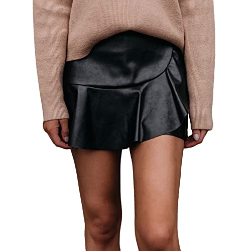 Kunstlederröcke für Damen, hoch taillierter Minirock mit gekräuseltem...