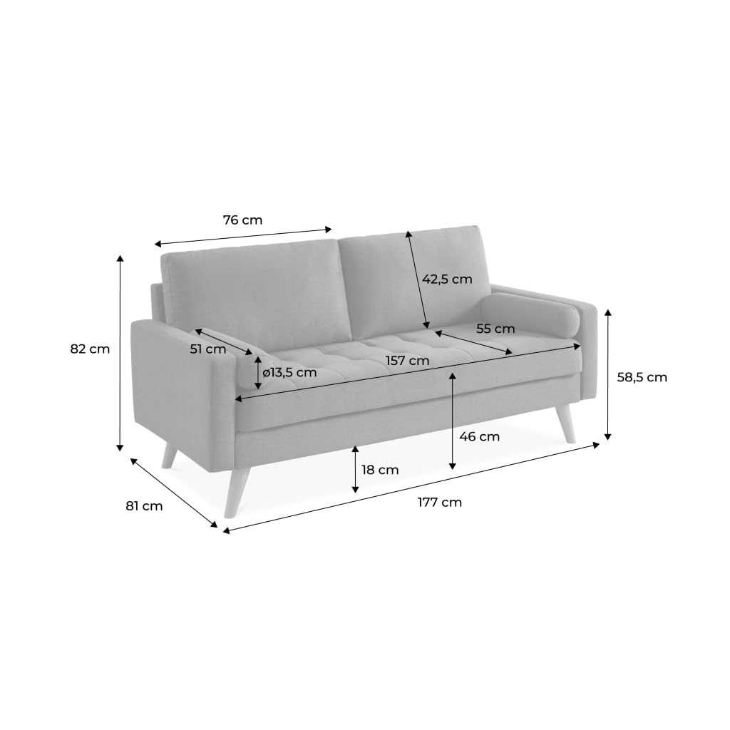 Alice's Garden sweeek-Sofá Estilo escandinavo de Terciopelo con Patas de Madera, 3 plazas Azul Marino - 177x85.5x69.5 cm