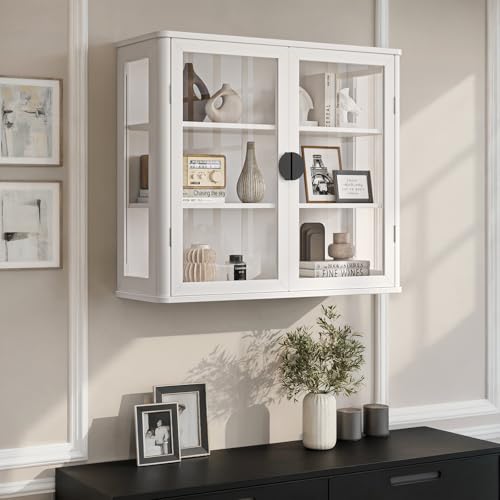 FIMELLO 28’’W Wall Cabinet with Tempered Glass Doors, Bathroom Cabinet Wall Mount, Kitchen Wall Cabinet, Floating Cabinet for Bathroom, Wall Mount Salon Station for Barber, Beauty, White