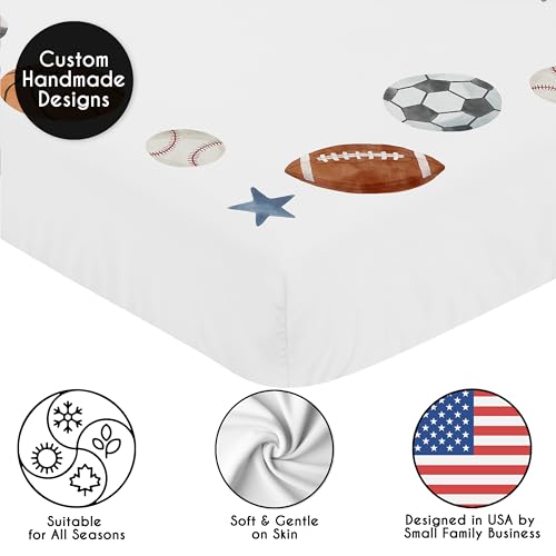 Image of Sweet Jojo Designs Fitted Baby Crib Sheets (Vintage Sports Theme) for Boys, Infant Nursery, Toddler Room - Standard Size (Photo Op, Sport Themed, Soccer Balls, Football, Baseball, Basketball, Stars)