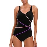 Veranobreeze Damen-Badeanzug, Einteilig, Badeanzug, Schwarz, Sportlich, Bescheidene Badebekleidung(Lila & Orange, EU40)