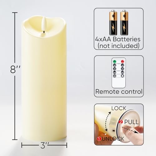 Image of Homemory 3 inchx8 inch Outdoor Waterproof Flameless Candles, LED Candles, Battery Operated Candles with Remote and Timers, Electric Fake Plastic Pillar Candles, Dark Ivory, Set of 2