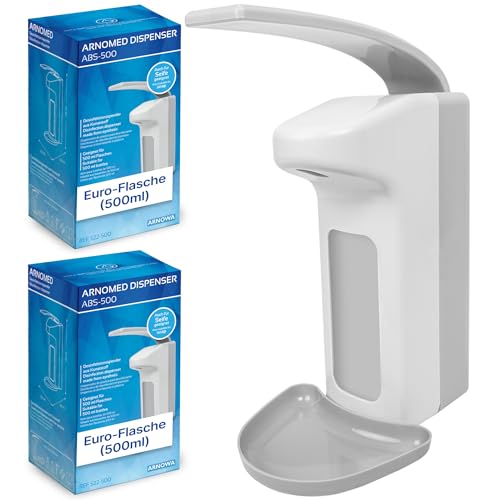 2X ARNOMED Kunststoff-Desinfektionsspender, Desinfektionsmittel-Spender für 500ml, Eurospender, Seifenspender Weiss zur Wand-Befestigung, Desinfektionsspender Wand, Seifenspender stehend ohne Bohren