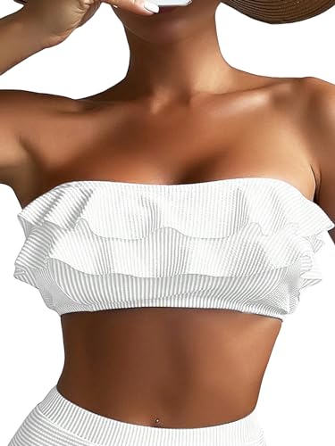 WDIRARA Women's Tiered Layer Ruffle Bandeau Swimwear Top Solid Textured Bikini Tops Bathing Suit