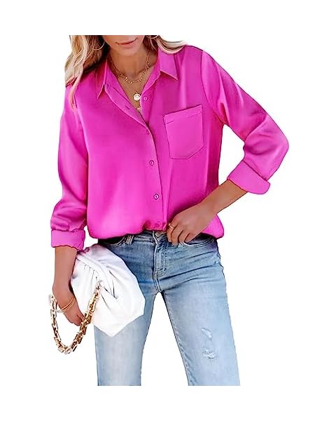 Mutitop Womens Button Down Shirts Satin Long Sleeve Blouses V Neck Casual Work Tunic Tops with Pockets - Fuchsia S