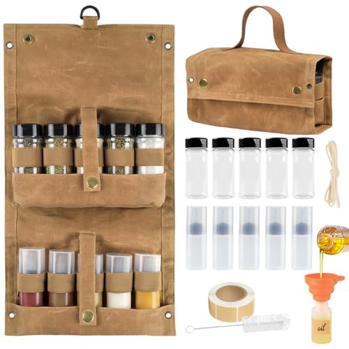 Portable Camping Spice Jars Organizer Kit for Travel, Canvas Seasoning Storage Bag Organizer with 5 Spice Bottles for Salt/Pepper, 5 Oil Spray, Condiment Container Set for BBQ, Hiking, Picnics
