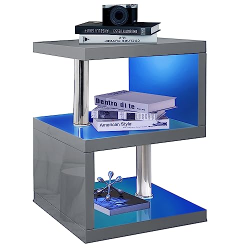 Blisswood High Gloss Coffee Table Small Side table With Storage Shelves, S Shape Tier Sofa End Table With Led RGB Lights Rectangle For Living Room Furniture (Grey) - Image 3