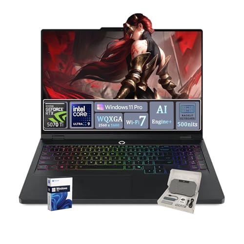 Lenovo Legion Pro 5i Gen 10 Gaming Laptop, GeForce RTX 5070 Ti GDDR7, Intel U9 275HX (24-Core), 16' WQXGA 500Nits Display, Backlit KB, AI Engine+, Wi-Fi 7, Win 11 Pro, Accessories, 64GB DDR5, 2TB SSD