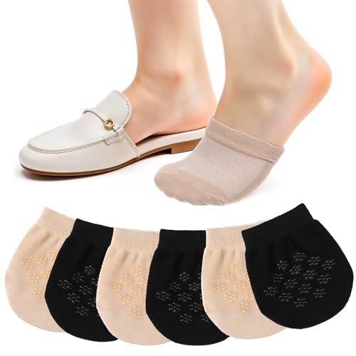 Half Socks for Women, 6 Pairs Toe Topper Socks No Show Toe Covers Toppers with Silicone Grip Black & Nude Invisible Footies for Flat Clogs
