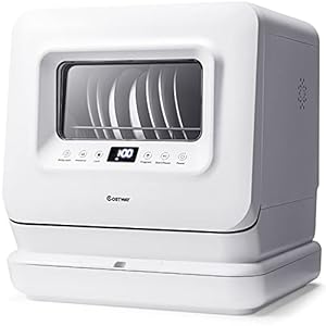 COSTWAY Portable Countertop Dishwasher, with 7.5L Openable Water Tank, Inlet Hose, 360°Dual Spray Arms, 5 Washing…