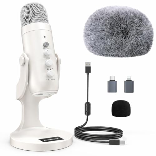 Micro zealsound K66 Blanc nacré et bonnette en fourrure D65 noir pour installer votre studio de bureau