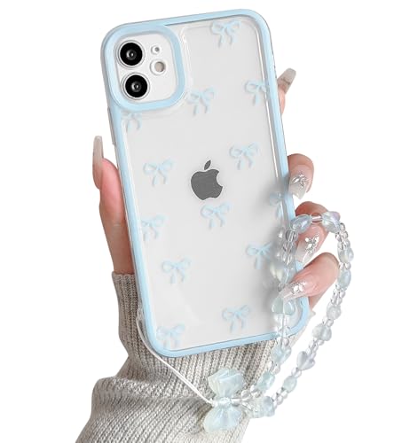 Image of NITITOP Compatible with iPhone 12 Mini Case Cute Clear Blue Durable Ribbon Bowknot Pattern for Girls Women with Chain Wrist Strap Soft TPU Transparent Shockproof Protective Phone Cover - Blue