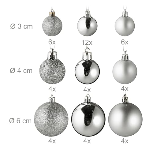 Relaxdays 100x Christmas Ornaments, Baubles, Glittering, Matte & Shiny, Tree Decorations, Plastic, 10 Designs, Silver, 24 x 30 x 12 cm - Image 4