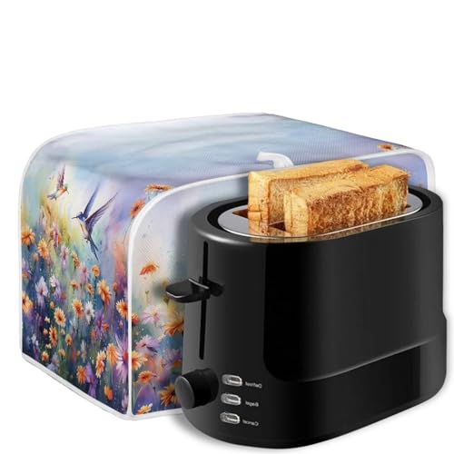 Image of 4 Slice Toaster Cover with Top Handle Design, Universal Size, Dust Protection, Stain Resistant, Hummingbird Daisy Purple
