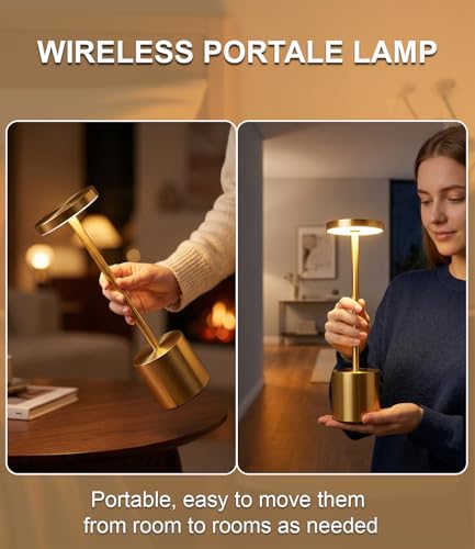 Image of Swinerton Cordless Table Lamp Set of 2, Gold 5000mAh Rechargeable Battery Operated Lamps, Wireless 3 Color Dimmable Touch Lamp Table Light for Restaurant Dining Patio Outdoor, Home Decor