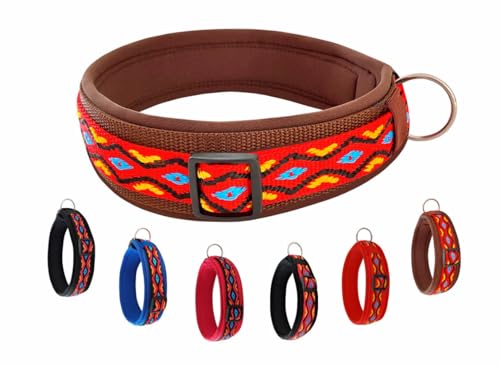 BUDDYPACK-Halsband Extra-Breit & Weich mit Neopren-Polster für Kleine und Große Hunde (Rot-Bunt auf Braun, Größe S/M)
