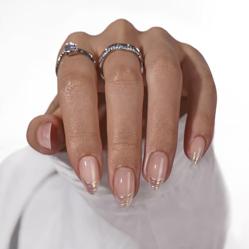 BTArtbox Press On Nails, Short Almond French Tip Nails, 32 Pcs Full Kit