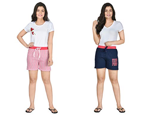 Image of Club A9 Women's Cotton Printed Shorts | Short Pants | Hot Pants (Pack of 2) (M, Pink Stripe, Navy Blue)