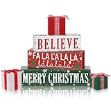 Geelin 4 Pieces Merry Christmas Wooden Table Decorations Xmas Wood Gift Boxes Decor Rustic Christmas Tiered Tray Decor Xmas Believe Tabletop Centerpieces for Home Desk Room Kitchen Shelf