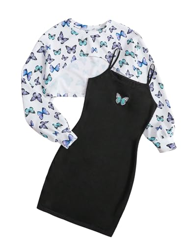 Image of SHENHE Girl's 2 Piece Outfits Butterfly Print Mini Cami Dress and Crewneck High Low Crop Sweatshirt Multicolor 12-13Y