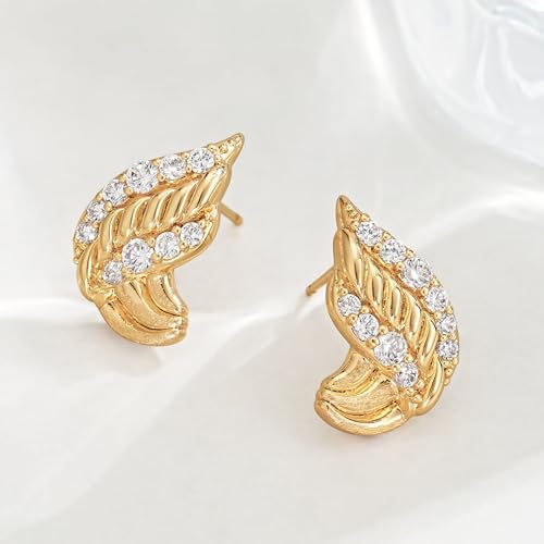 FETTERO Stud Earrings for Women - 14K Gold Plated CZ Hypoallergenic Earrings Studs Dainty Black CZ Leaf Gold Earrings for Women Trendy Statement Jewelry