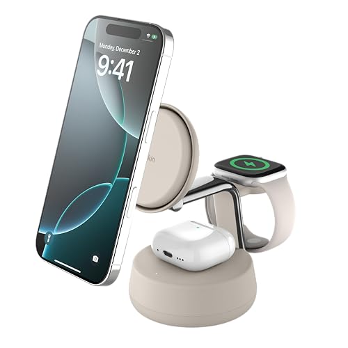 【Amazon.co.jp限定】Belkin Qi2 25W ワイヤレス充電器 3 in 1 世界初 充電スタンド Qi2公式認証 MagSafe マグセーフ 急速充電 iPhone Apple Watch アップルウォッチ Google Pixel 10 Pro XL サンドホワイト WIZ040dqSD ※Amazon.co.jp限定 壁紙ダウンロード付き