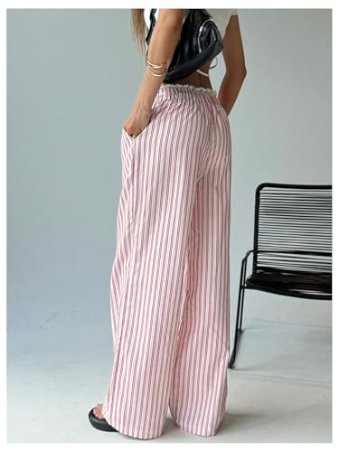 Women's Striped Lace Trim Drawstring Waist Wide Leg Loose Long Pants3