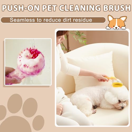 Waschzauber, Haustier Badebürste, Hunde Waschbürste Mit Seifenspender, Badehund Schönheit Massagebürste, Hundekatze Dusche für Reinigung, Haarentfernung Und Grooming (Gelb)