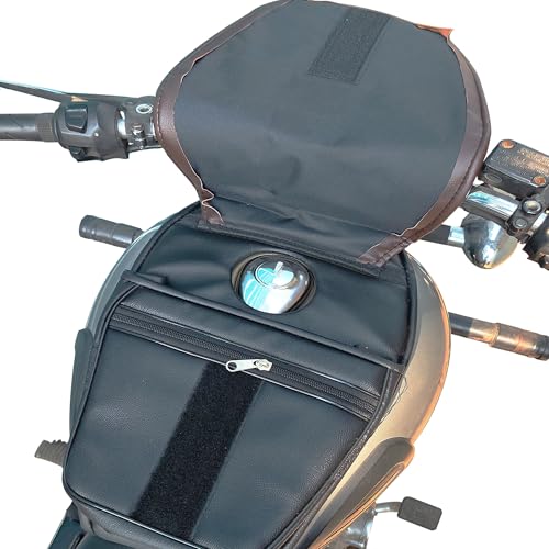 Image of Leatherette Motorcycle Tank Cover with Zipper Storage & Mobile Pocket, Scratch Protection Tank Bag Compatible with Royal Enfield Classic 350 /500, Electra & Bullet, Brown (Pack of 1)