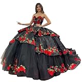 Youjiayi Princess Layered Mexican Quinceanera Dress Strapless Jacquard Black Ball Gown Lace Appliques Sweet 16 Dresses Vestido de 15 años Petite Size 6