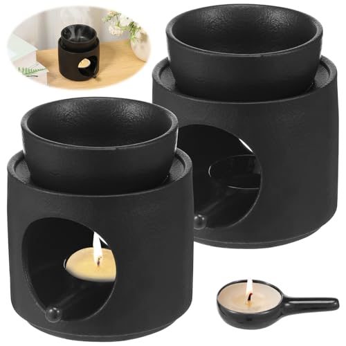 2 Pack Ceramic Tealight Candle Holder Oil Burner, Essential Oil Incense Aroma Diffuser Furnace with Candle Spoon, Wax Burner for Home Decoration (Black)