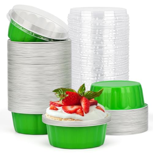 Beasea Disposable Ramekins 8oz, 100 Pack Foil Cups with Lids Cupcake Cups Grass Green Aluminum Foil Cups Creme Brulee Muffin Cupcake Baking Cup Mini Pudding Cake Tins for Party Wedding Birthday