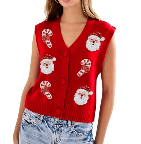 Image of Women Christmas Knit Vest Top Santa Embroidery Sleeveless Button Down Sweater Vest Xmas Snowman Cardigans Tank Top