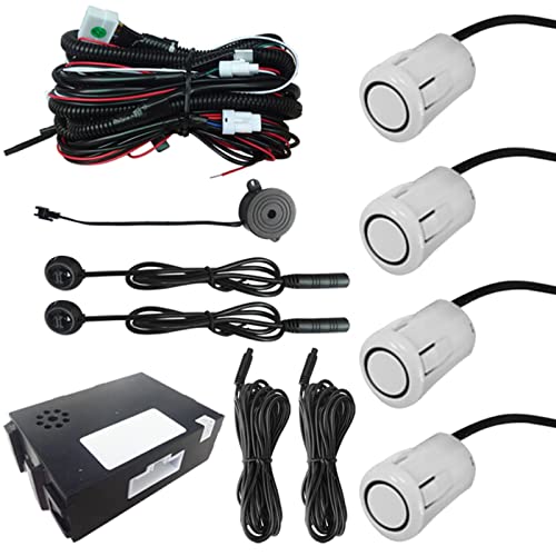 Riloer Car Auto Vehicle Reverse Backup Radar System with 4 Parking Sensors, Distance Detection + Sound Warning Universal Radar Detector Buzzer Alarm Indicator Kit (White)