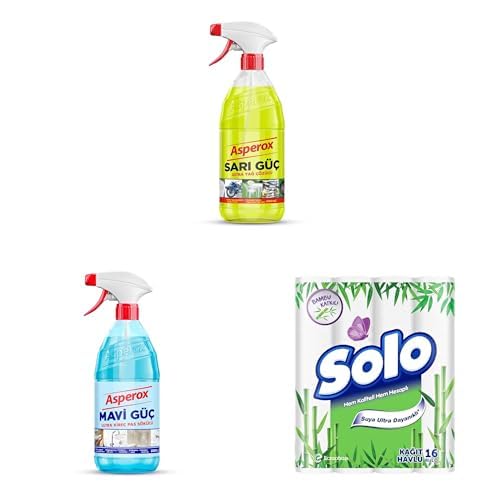 Asperox Sarı Güç Yağ Çözücü Sprey 1000 ml x1 + Asperox Mavi Güç Kireç Çözücü Sprey 1000 ml x1 + SOLO 16'lı x1