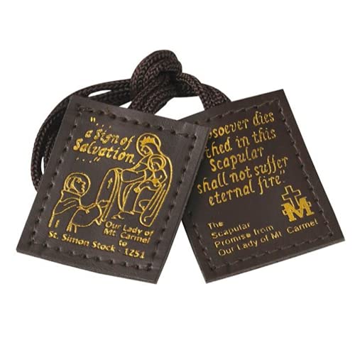 Needzo Brown Stamped Leather Scapulars Catholic Necklace for Men and Women, Scapular with Our Lady of Mt Carmel on the Front and Her Promise of Salvation, 21 Inches
