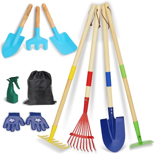 Kids Gardening Tools, 10PCS Kids Garden Tool Set with Rake, Spade, Hoe and Leaf Rake, Wooden Gardening Tools for Kids, Outdoor Toys Gift for Boys and Girls