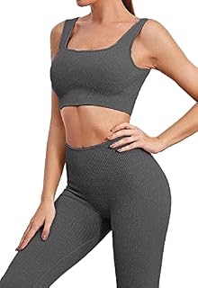 Buscando Ribbed Workout Sets for Women 2 Piece High Waist Athletic Leggings Tummy Control+Bras Women Workout Outfits Sets