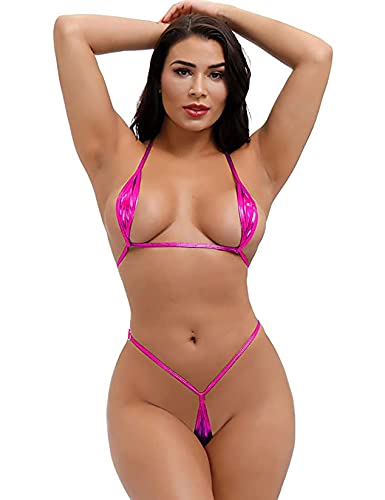 EVAbaby Women 2Pcs Halter Neck Bra Tops and Adjustable Thong Micro Bikini Set Sexy Swimwear Summer Beachwear Swimsuit Extreme Lingerie Underwear Rosy Rose