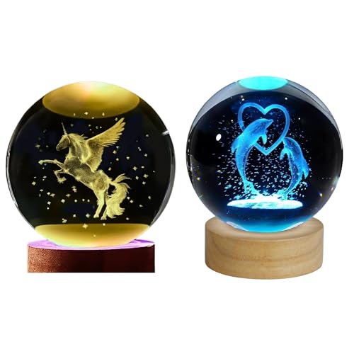 Image of 2 Pcs Magical Unicorn & Heart Dolphin 3D Crystal Ball Lamp | Enchanting Crystal Night Light with USB & Wooden Base | Perfect Home Decor & Office, A Unique Gift for Kids & Girls