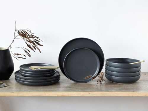 CreaTable, 22979, Serie uno BLACK, 12-teiliges Geschirrset, Teller Set aus Steinzeug, spülmaschinen- und mikrowellengeeignet, Made in Portugal