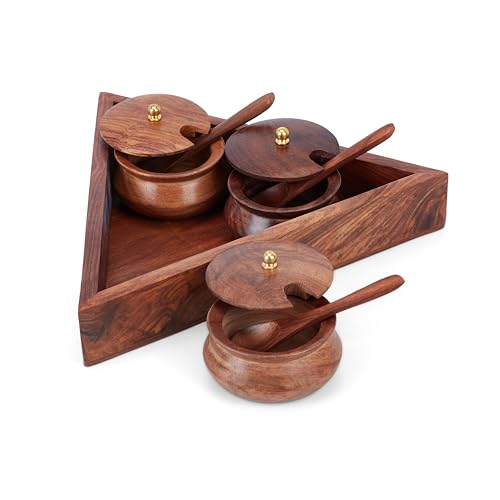 Image of HOKIPO Salt Sugar Spice Container Jar Canister Set with Tray & Spoon - 10 x 10 Inch - Sheesham Wood Storage Box Jar (IN-1169)